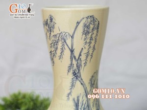 Lọ hoa dáng tỏi dẹt men cổ họa tiết Sen Hạc Phú Quý, cao 42cm (cả đế)