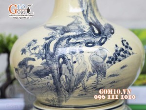 Lọ hoa dáng tỏi dẹt men cổ họa tiết Sen Hạc Phú Quý, cao 42cm (cả đế)