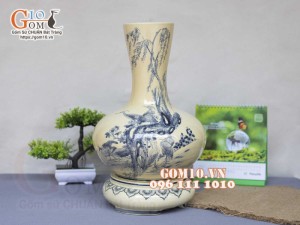 Lọ hoa dáng tỏi dẹt men cổ họa tiết Sen Hạc Phú Quý, cao 42cm (cả đế)