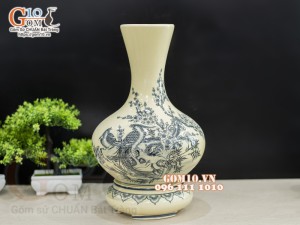 Lọ hoa dáng tỏi dẹt men cổ họa tiết Trĩ Đào, cao 36cm (cả đế)