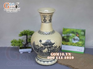 Lọ hoa dáng tỏi men cổ họa tiết Chùa Một Cột, cao 42cm (cả đế)