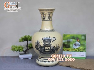 Lọ hoa dáng tỏi men cổ họa tiết Chùa Một Cột, cao 42cm (cả đế)