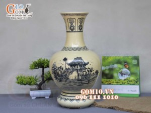 Lọ hoa dáng tỏi men hoàng tộc họa tiết Chùa Một Cột, cao 42cm (cả đế)