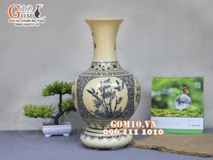 Lọ hoa dáng tỏi men cổ họa tiết Tứ cảnh Tùng Cúc Trúc Mai, cao 42cm (cả đế)