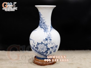 Lọ hoa dáng tỏi men chàm cổ, họa tiết Tùng Hạc cao 44cm