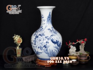 Lọ hoa dáng tỏi thân nhỏ, họa tiết chim hoa cao 49cm