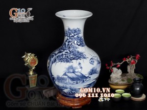 Lọ hoa dáng tỏi thân to, họa tiết làng quê cao 62cm