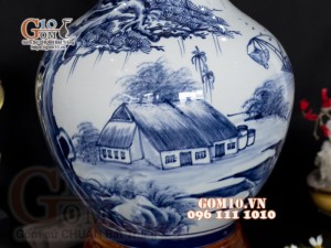 Lọ hoa dáng tỏi thân to, họa tiết làng quê cao 62cm