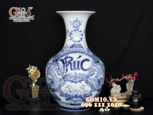 Lọ hoa dáng tỏi thân to, họa tiết thư pháp cao 62cm