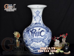 Lọ hoa dáng tỏi thân to, họa tiết thư pháp cao 62cm