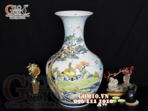 Lọ hoa dáng tỏi thân to vẽ màu, họa tiết Làng Quê cao 50cm