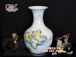 Lọ hoa dáng tỏi thân to vẽ màu, họa tiết Làng Quê cao 50cm