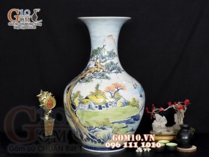 Lọ hoa dáng tỏi thân to vẽ màu, họa tiết Làng Quê cao 50cm