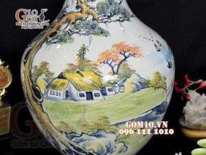 Lọ hoa dáng tỏi thân to vẽ màu, họa tiết Làng Quê cao 50cm