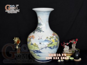 Lọ hoa dáng tỏi thân to vẽ màu, họa tiết Làng Quê cao 50cm