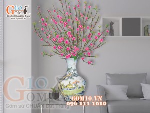 Lọ hoa dáng tỏi thân to vẽ màu, họa tiết Làng Quê cao 62cm