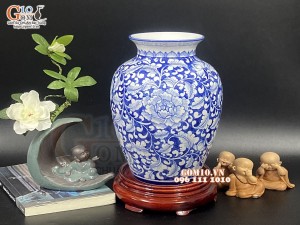 Lọ hoa dáng tròn men lam cổ vẽ hoa Phù Dung, cao 27cm