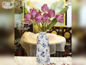 Lọ hoa dáng trụ cổ nhỏ men bóng vẽ hoa đào xanh, cao 33cm