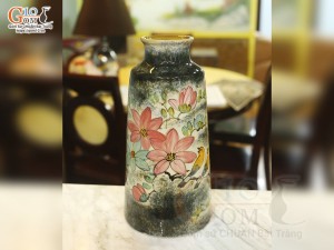 Lọ hoa dáng trụ cổ nhỏ men màu vẽ Chim Hoa, cao 33cm