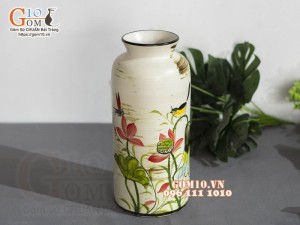 Lọ hoa dáng trụ họa tiết hoa sen, cao 29cm