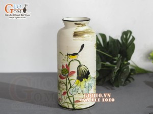Lọ hoa dáng trụ họa tiết hoa sen, cao 29cm