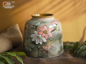 Lọ hoa dáng trụ miệng nhỏ men màu vẽ hoa, cao 16cm