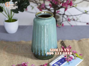 Lọ hoa dáng trụ cao men hỏa biến lam ngọc, cao 24cm