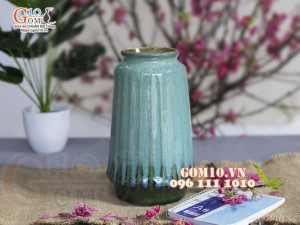 Lọ hoa dáng trụ cao men hỏa biến lam ngọc, cao 24cm