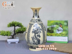 Lọ hoa dáng tỳ bà men cổ họa tiết Tứ cảnh Tùng Cúc Trúc Mai, cao 33cm