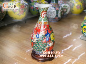 Lọ hoa dáng tỳ bà nền đỏ vẽ hoa Công Đào 60cm