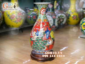 Lọ hoa dáng tỳ bà nền đỏ vẽ hoa Công Đào 60cm