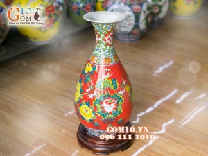 Lọ hoa dáng tỳ bà nền đỏ vẽ hoa Sen 55cm