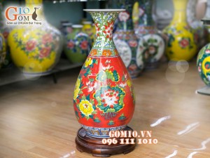 Lọ hoa dáng tỳ bà nền đỏ vẽ hoa Sen 60cm