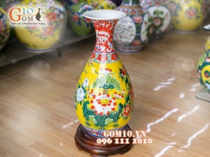 Lọ hoa dáng tỳ bà nền vàng vẽ hoa Sen 55cm