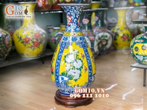 Lọ hoa dáng tỳ bà nền vàng vẽ Tứ Cảnh Hoa 55cm