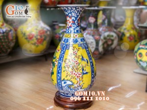 Lọ hoa dáng tỳ bà nền vàng vẽ Tứ Cảnh Hoa 55cm