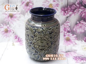 Lọ hoa dáng vại men cổ khắc nổi hoa phù dung 30 cm xanh