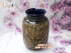 Lọ hoa dáng vại men cổ khắc nổi hoa phù dung 30cm vàng