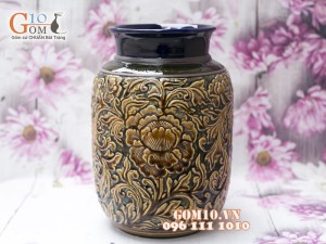 Lọ hoa dáng vại men cổ khắc nổi hoa phù dung 30cm vàng