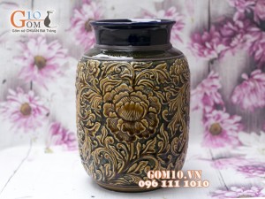Lọ hoa dáng vại men cổ khắc nổi hoa phù dung 30cm vàng