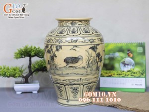 Lọ hoa dáng vò béo men cổ họa tiết Phi Minh Túc Thực, cao 31cm