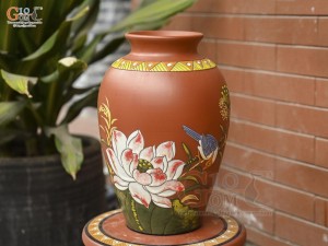 Lọ hoa dáng vò cao gốm đất đỏ khắc Chim Hoa, cao 32cm