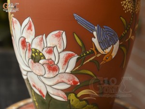 Lọ hoa dáng vò cao gốm đất đỏ khắc Chim Hoa, cao 32cm