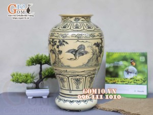 Lọ hoa dáng vò cao men cổ họa tiết Phi Minh Túc Thực, cao 31cm (cả đế)