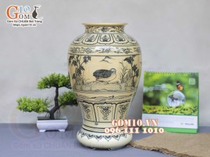 Lọ hoa dáng vò cao men cổ họa tiết Phi Minh Túc Thực, cao 31cm (cả đế)