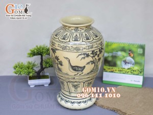 Lọ hoa dáng vò cao men cổ họa tiết Phi Minh Túc Thực, cao 31cm (cả đế)