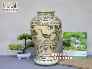 Lọ hoa dáng vò cao men cổ họa tiết Phi Minh Túc Thực, cao 31cm (cả đế)