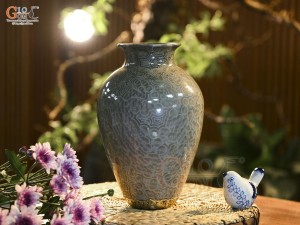 Lọ hoa dáng vò cao men kết tinh đa đồng tâm bảo bọc đồng, cao 30cm (hàng vuốt tay)