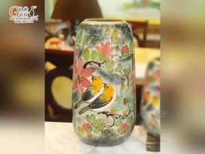 Lọ hoa dáng chuông cao men màu vẽ Chim Hoa, cao 30cm