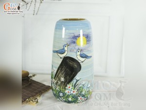 Lọ hoa dáng chuông cao men màu vẽ Chim Hoa nền xanh, cao 33cm